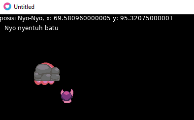 Nyo menyentuh batu dan menampilkan tulisan "Nyo nyetuh batu"